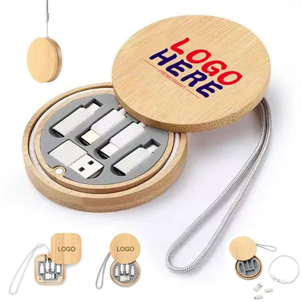 Multi USB Adapter Kit Fast Charging Cable Bamboo Storage Box