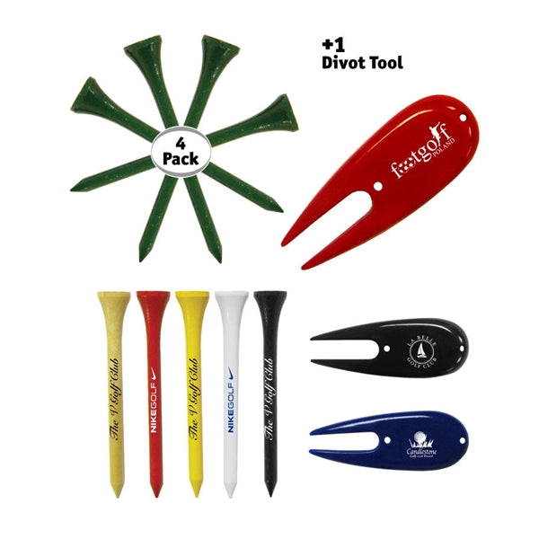 Golf Tee Pack - 4 x & 1 Divot Repair Tool