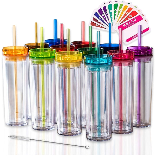 16Oz Double Wall Skinny Acrylic Tumblers With Lid And Straw