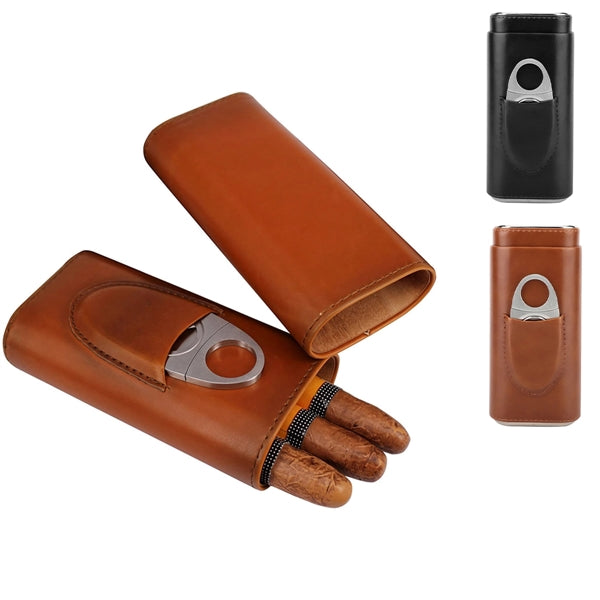 Leather Cigar Case With Silver Stainless Steel Cutter
