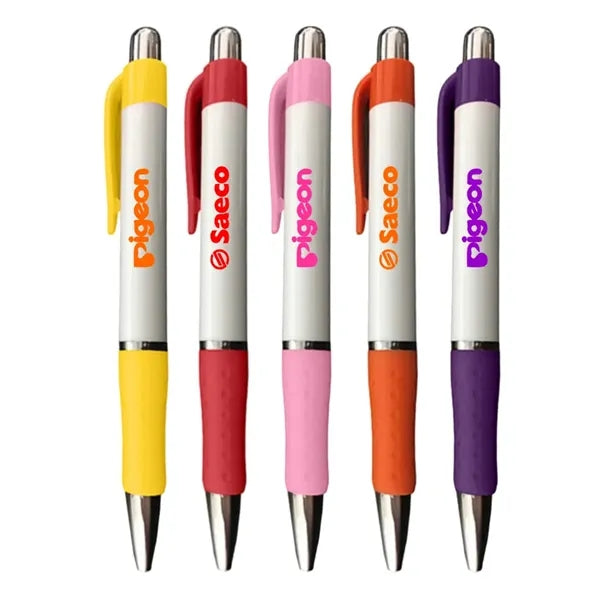 Union Printed- Rigid White Barrel Click Pen with Rubber Grip