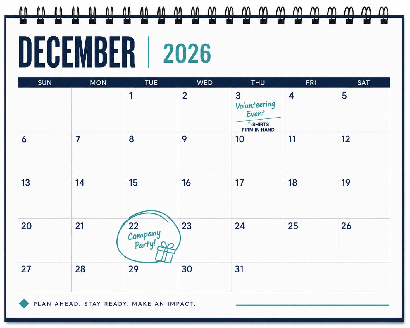 December 2026 desk calendar page with a volunteering event and company party planned, and matching merchandise noted