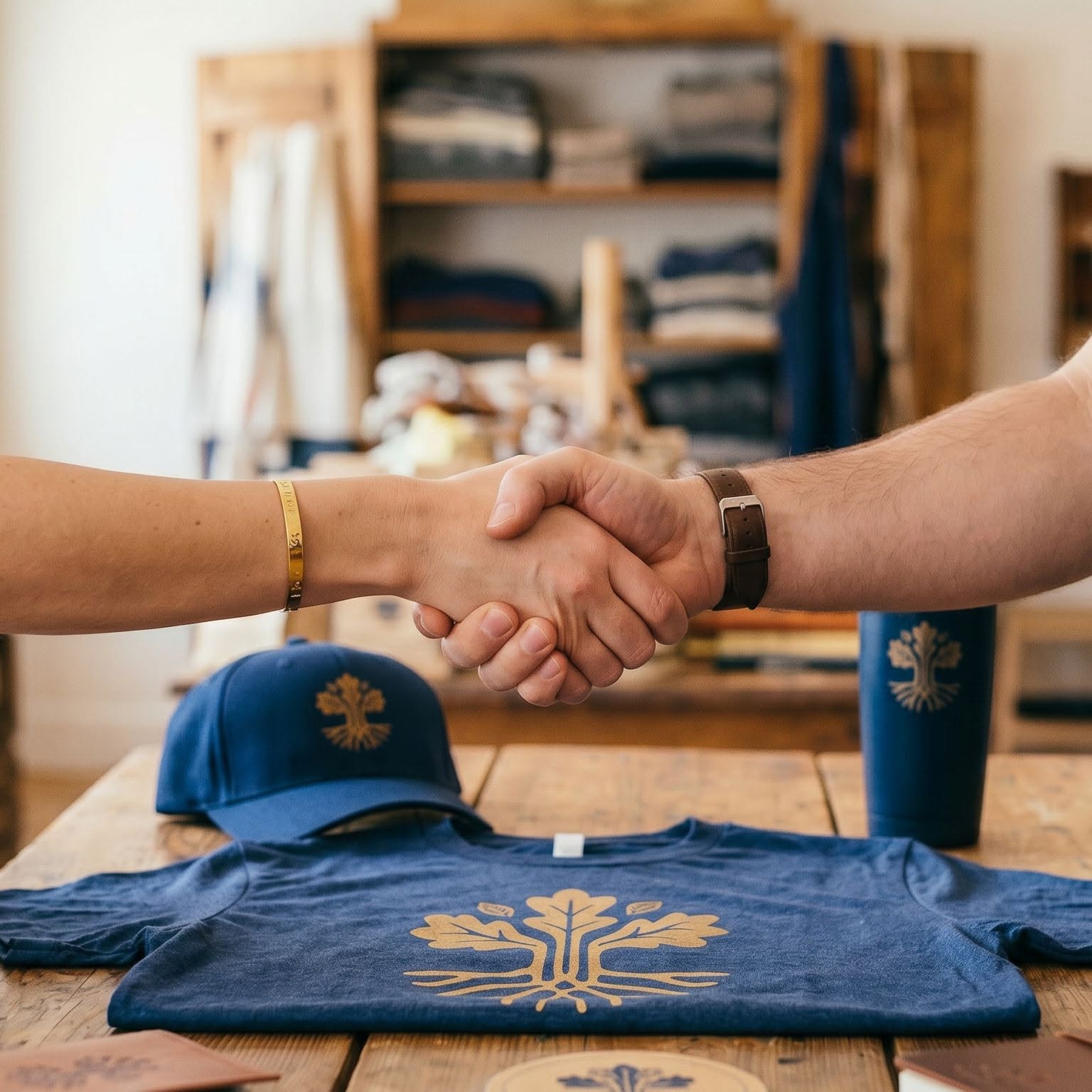 Handshake over Aztec branded cap, tee and tumbler on a workshop table