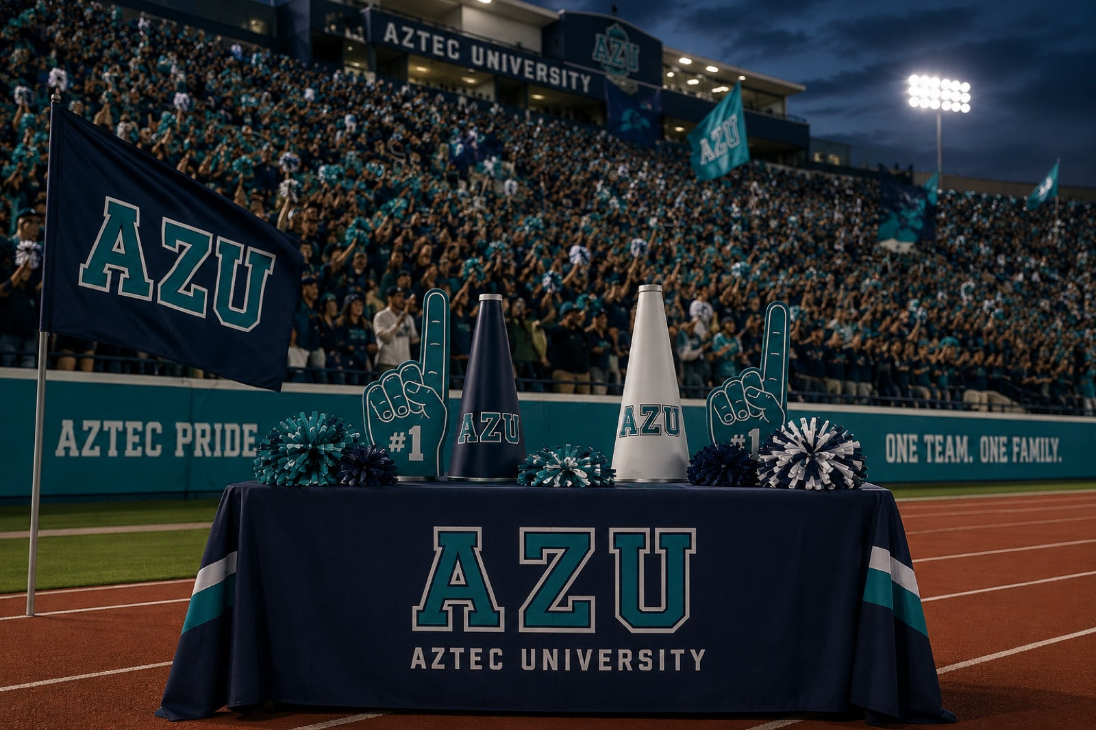 Branded collegiate spirit merchandise on a table at a packed stadium