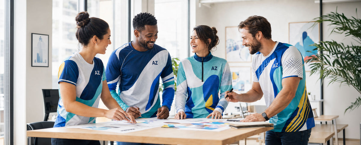 Four people in matching athletic jerseys with 'AZ' logos stand around a table reviewing maps and documents in a bright modern office.