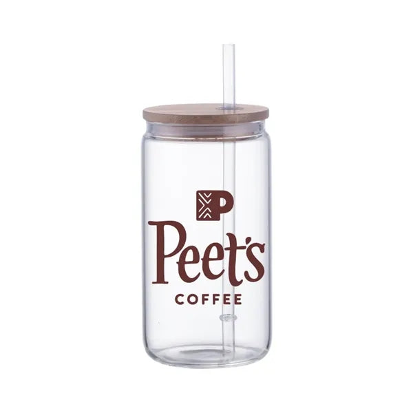 Union Printed - 18 Oz. Can Glass w/ Bamboo lid & Straw