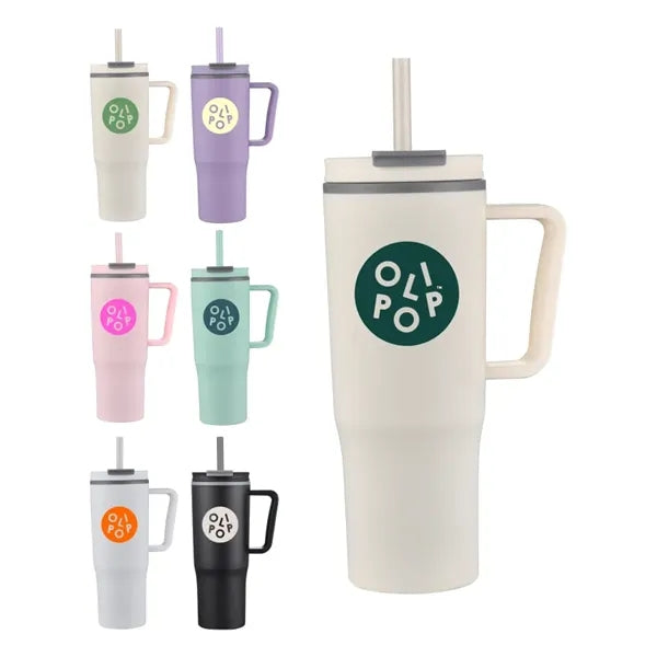 Union Printed - 30 Oz. Double Wall Plastic Mug w/ Straw