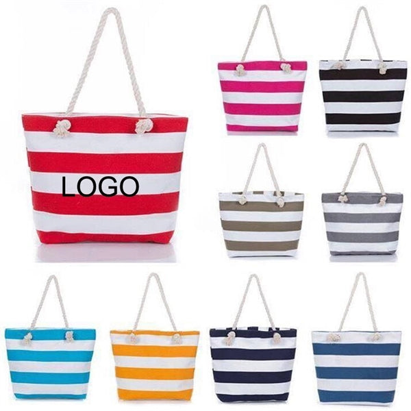 Large Striped Canvas Beach Bag With Cotton Rope Handles