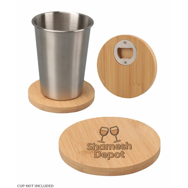 4" Round Bamboo Coaster with Beer Opener - Laser Engraved