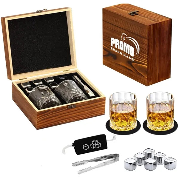 Luxury Whiskey Glass Gift Set with Stones and Wood Box