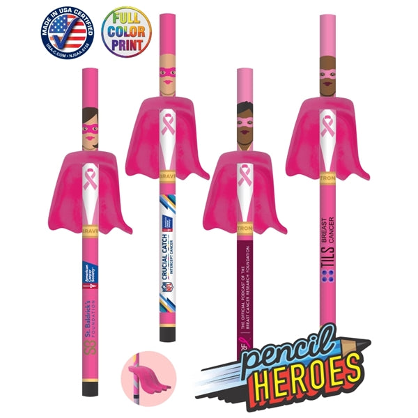 Breast Cancer Superhero Pencils with Eraser Capes