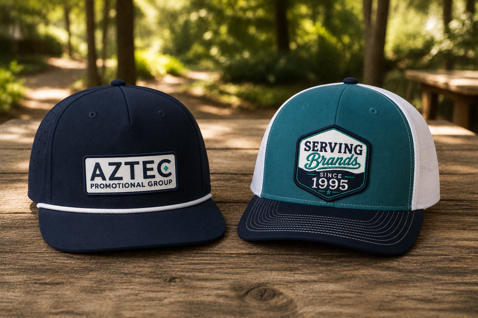 Navy Aztec Promotional Group cap and teal Serving Brands Since 1995 trucker cap, outdoors