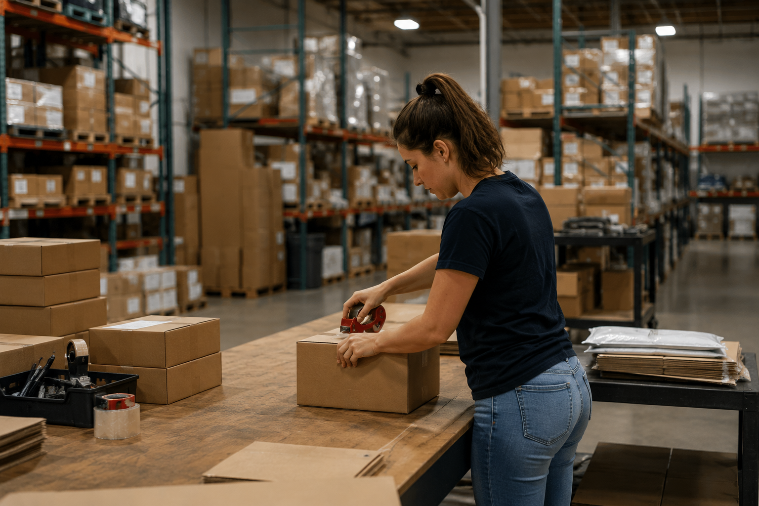 Team member taping and kitting boxes in the Aztec fulfillment warehouse