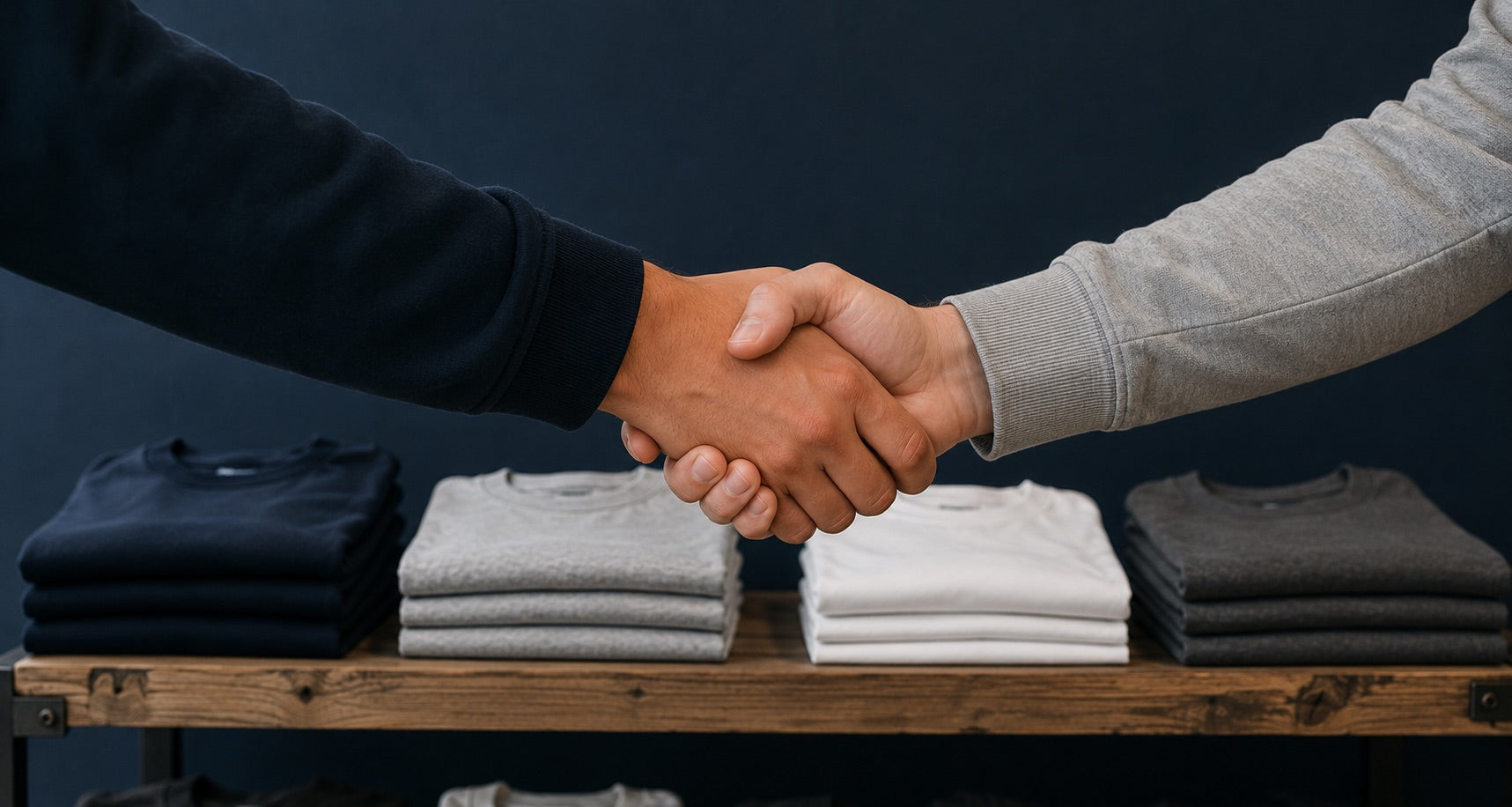 Handshake over a table of folded branded sweatshirts and tees